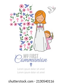 Card my first communion. Girl and angel with a cross in the background	
