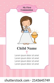 Card my first communion. Girl praying next to a chalice. Isolated vector