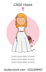 Card my first communion. Girl with a basket of hearts