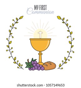 Card my first communion invitation. chalice with bread and grapes. vector isolated