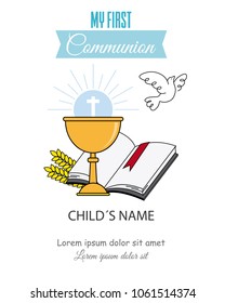 Card my first communion invitation. chalice with bible and dove of peace