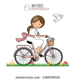 Card my first communion. Little girl on a bicycle