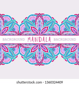 Card with mystic ethnic Indian pattern. Background with mandala style tribal ornaments. Copy space. Vector illustration.