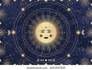 Card of mystical Sun with face, Moon, crescent, star, sunburst, night sky. Constellation galaxy celestial space. Spiritual zodiac horoscope, astrology sign, astronomy symbol. Magic vector illustration