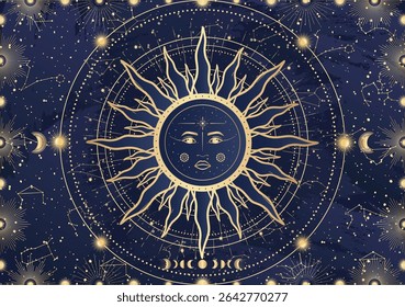 Cartão de sol místico com face, Lua, crescente, estrela, explosão solar, céu noturno. Constelação galáxia espaço celeste. Horóscopo do zodíaco espiritual, signo de astrologia, símbolo de astronomia. Ilustração do vetor mágico