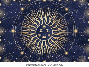 Card of mystical Sun with face, Moon, crescent, star, sunburst, night sky. Constellation galaxy celestial space. Spiritual zodiac horoscope, astrology sign, astronomy symbol. Magic vector illustration