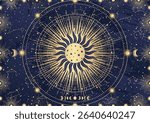 Card of mystical Sun, Moon, crescent, star, sunburst, night sky. Constellation galaxy celestial space. Spiritual zodiac horoscope, astrology sign, astronomy symbol. Magic vector illustration on blue