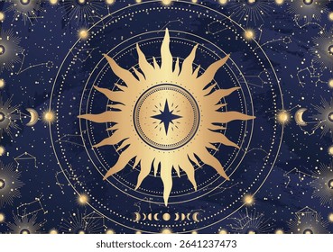 Card of mystical Sun, Moon, crescent, star, sunburst, night sky. Constellation galaxy celestial space. Spiritual zodiac horoscope, astrology sign, astronomy symbol. Magic vector illustration on blue