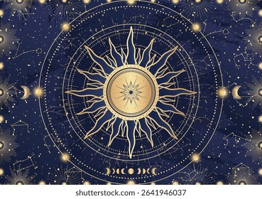 Card of mystical Sun, Moon, crescent, star, sunburst, night sky. Constellation galaxy celestial space. Spiritual zodiac horoscope, astrology sign, astronomy symbol. Magic vector illustration on blue