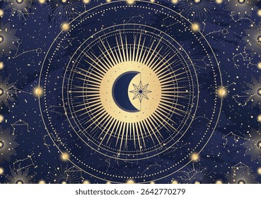 Cartão de sol místico, Lua, crescente, estrela, explosão solar, céu noturno. Constelação galáxia espaço celeste. Horóscopo do zodíaco espiritual, signo de astrologia, símbolo de astronomia. Ilustração do vetor mágico no azul
