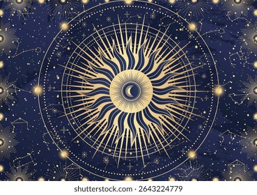 Cartão de sol místico, Lua, crescente, estrela, explosão solar, céu noturno. Constelação galáxia espaço celeste. Horóscopo do zodíaco espiritual, signo de astrologia, símbolo de astronomia. Ilustração do vetor mágico no azul