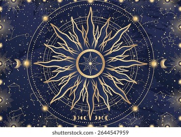 Card of mystical Sun, Moon, crescent, star, sunburst, night sky. Constellation galaxy celestial space. Spiritual zodiac horoscope, astrology sign, astronomy symbol. Magic vector illustration on blue