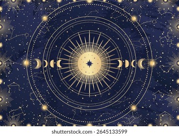 Card of mystical Sun, Moon, crescent, star, sunburst, night sky. Constellation galaxy celestial space. Spiritual zodiac horoscope, astrology sign, astronomy symbol. Magic vector illustration on blue