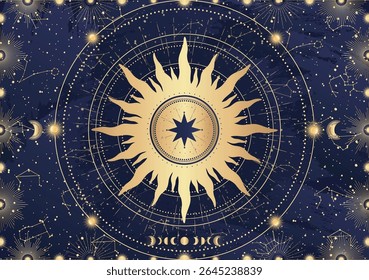 Card of mystical Sun, Moon, crescent, star, sunburst, night sky. Constellation galaxy celestial space. Spiritual zodiac horoscope, astrology sign, astronomy symbol. Magic vector illustration on blue