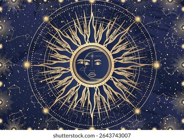 Card of mystical Sun Moon with face, crescent, star, sunburst, night sky. Constellation galaxy celestial space. Spiritual zodiac horoscope, astrology sign, astronomy symbol. Magic vector illustration