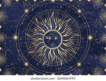 Card of mystical Sun Moon with face, crescent, star, sunburst, night sky. Constellation galaxy celestial space. Spiritual zodiac horoscope, astrology sign, astronomy symbol. Magic vector illustration