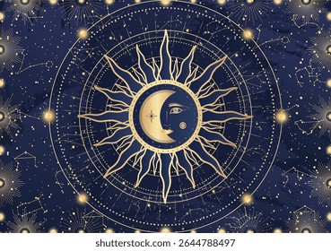 Card of mystical Sun Moon with face, crescent, star, sunburst, night sky. Constellation galaxy celestial space. Spiritual zodiac horoscope, astrology sign, astronomy symbol. Magic vector illustration