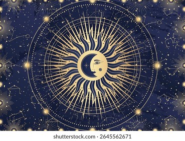 Card of mystical Sun Moon with face, crescent, star, sunburst, night sky. Constellation galaxy celestial space. Spiritual zodiac horoscope, astrology sign, astronomy symbol. Magic vector illustration