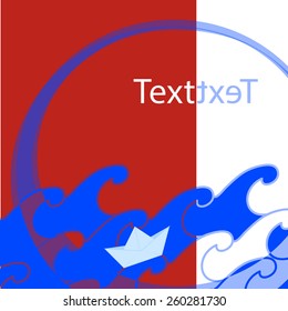 Card with a nautical style with waves, paper boat and place for text. Vector illustration, white, red, blue.
