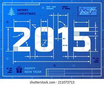 Card of New Year 2015 like blueprint drawing. Stylized drafting of 2015 on blueprint paper. Vector illustration for new year's day, christmas, winter holiday, new year's eve, silvester, etc