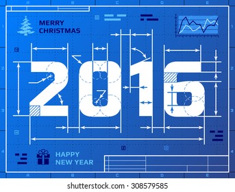 Card of New Year 2016 as blueprint drawing. Stylized drafting of 2016 on blueprint paper. Vector illustration