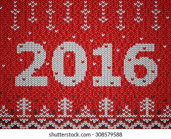 Card of New Year 2016 with knitted texture. Christmas jumper fragment with number 2016. Vector illustration