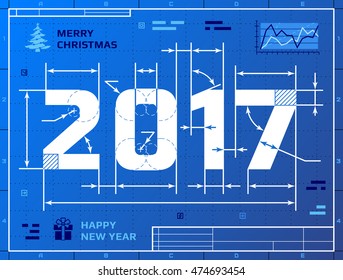 Card of New Year 2017 as blueprint drawing. Stylized drafting of 2017 on blueprint paper