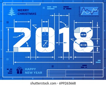 Card of New Year 2018 as blueprint drawing. Stylized drafting of 2018 on blueprint paper