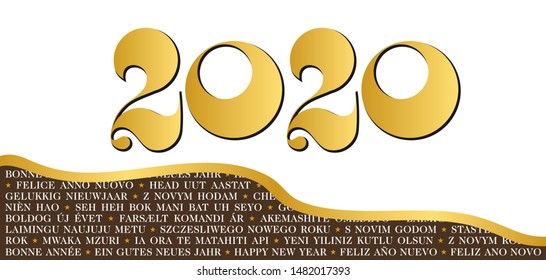 Card for the new year 2020, gold, white and brown - graphic figures and text multi languages - translation: happy new year.