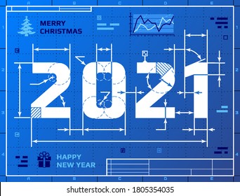 Card of New Year 2021 as blueprint drawing. Stylized drafting of 2021 on blueprint paper