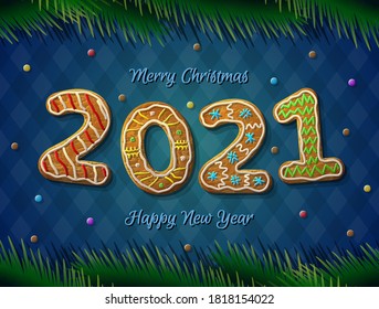 Card of New Year 2021 in shape of gingerbread. Cookies with pine branches on striped background