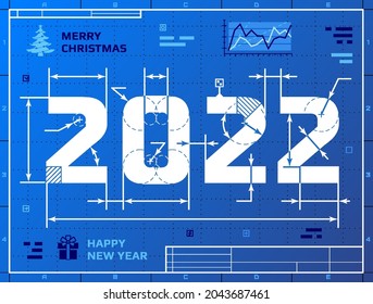 Card of New Year 2022 as blueprint drawing. Stylized drafting of 2022 on blueprint paper