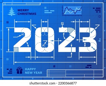 Card of New Year 2023 as blueprint drawing. Stylized drafting of 2023 on blueprint paper