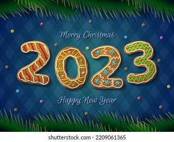 Card of New Year 2023 in shape of gingerbread. Cookies with pine branches on striped background