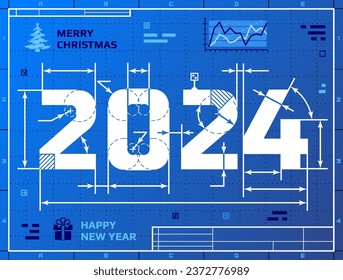 Card of New Year 2024 as blueprint drawing. Stylized drafting of 2024 on blueprint paper