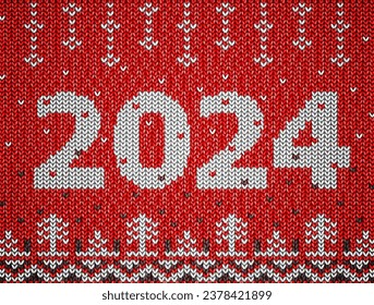 Card of New Year 2024 with knitted texture. Dinner plate with holiday cookie inside and cutlery set on sides