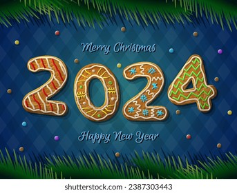 Card of New Year 2024 in shape of gingerbread. Cookies with pine branches on striped background