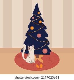 Card New year with funny cat and Christmas tree. Cat playing near Christmas tree with glass balls.
