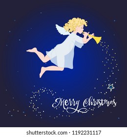 Card with New Year and Merry Christmas, little angel in deep night sky