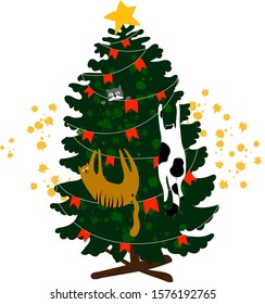 Card New year is soon with funny cats and Christmas tree. Isolated on white backgroundVector illustration. Cartoon, doodle stile. Celebrating, greeting, winter, garland with flags. 