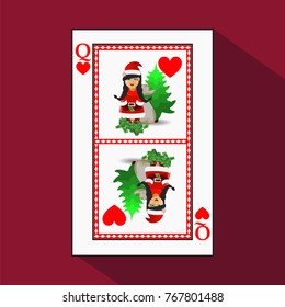 card New Year's poker. vector illustration. queen heart. Miss Santa Claus with a bag of money and a Christmas tree
