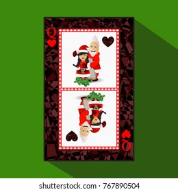 card New Year's poker. vector illustration. queen heart. Miss Santa Claus with a bag of money and Santa Claus