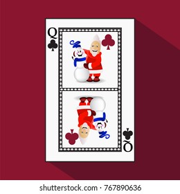 card New Year's poker. vector illustration. queen club. Miss Santa Claus and Snowman