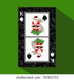 card New Year's poker. vector illustration. king shovel. santa claus with a bag of money