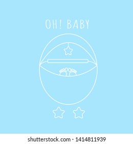 a card with a newborn for a boy. A blue stroller with wheels of stars, in a stroller the baby's legs. A blue background, white lines of the picture. Vector graphics