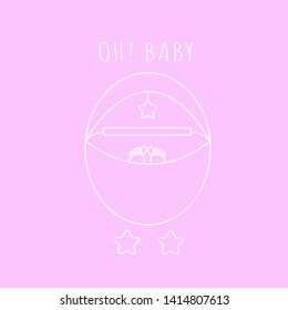 card with newborn for girl. pink stroller with wheels of stars, in the stroller baby legs. pink background, white lines pattern. Vector graphics