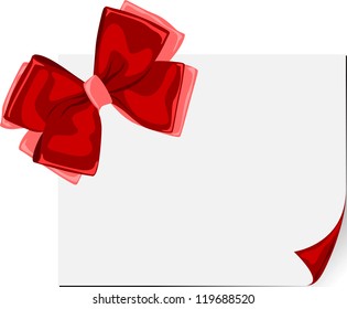 Card note with a big red bow, vector illustration