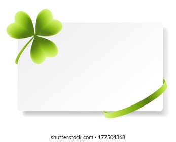 Card note with green clover isolated on white. Vector illustration