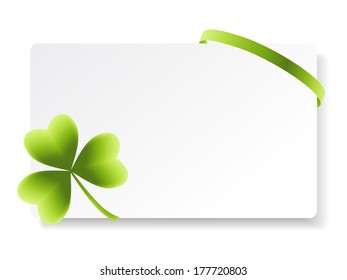 Card note with green clover isolated on white. Vector illustration