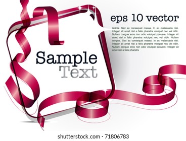 Card note with red swirly transparent  ribbons: gift tag on white background eps10 vector graphic design template